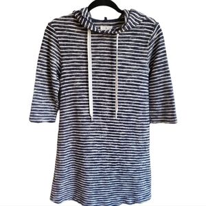 Lou & Grey Blue & White Pomona Stripe Textureline Hoodie Dress 3/4 Sleeves | XS